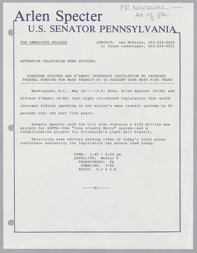 Senators Specter and D'Amato introduce legislation to increase federal funding for mass transit by 50 percent over next 5 years