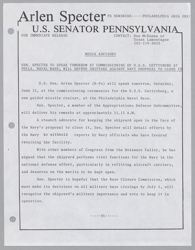 Senator Specter to speak tomorrow at commissioning of U.S.S. Gettysburg at Philadelphia Naval Base; will defend shipyard against Navy proposal to close it