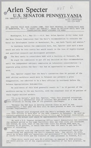 Senator Specter tells Base Closure Commission that Navy proposal to consolidate NADC at Warminster, PA, is "hasty and unwise;" urges no decision until Navy lab consolidation group finishes its work