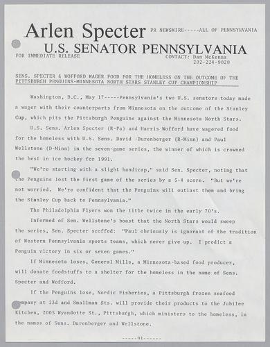 Senators Specter and Wofford wager food for the homeless on the outcome of the Pittsburgh Penguins-Minnesota North Stars Stanley Cup Championship