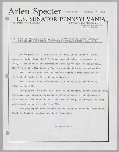 Senator Specter announces $445,350 U.S. Department of Labor contract to retrain 200 former employees of Mechanicsburg, PA firm