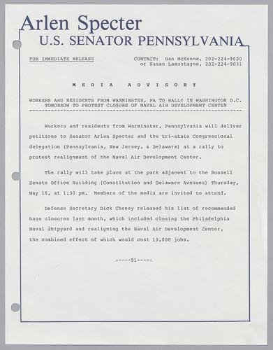 Workers and residents from Warminster, PA to rally in Washington, D.C. tomorrow to protest closure of Naval Air Development Center