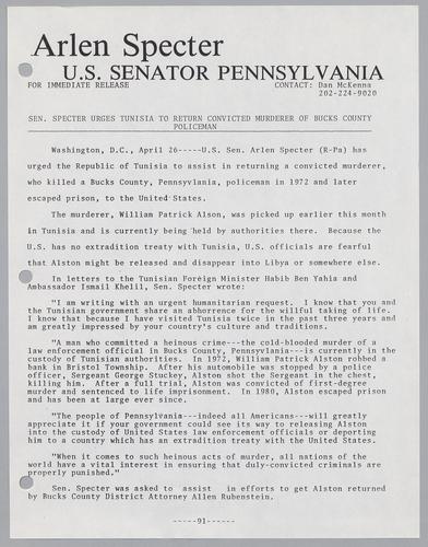Senator Specter urges Tunisia to return convicted murderer of Buck County policeman