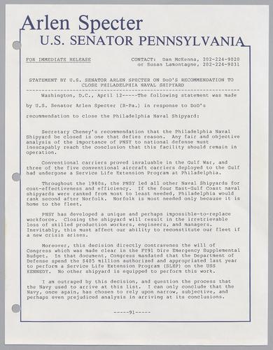 Statement by U.S. Senator Arlen Specter on DOD's recommendation to close Philadelphia Naval Shipyard