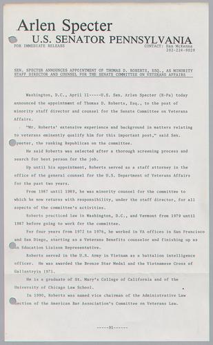 Senator Specter announces appointment of Thomas D. Roberts, Esq. as minority staff director and counsel for the Senate Committee on Veterans Affairs