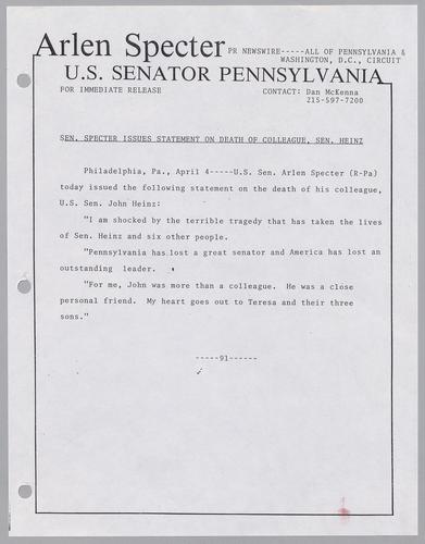 Senator Specter issues statement on death of colleague, Senator Heinz