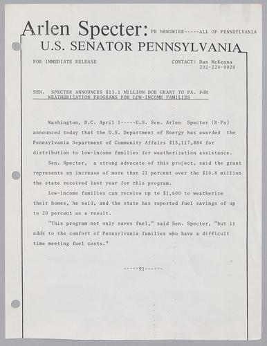 Senator Specter announces $13.1 million DOE grant to PA for weatherization programs for low-income families