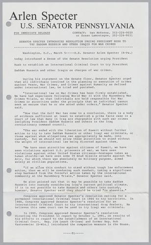 Senator Specter introduces resolution urging President Bush to try Saddam Hussein and other Iraqis for war crimes