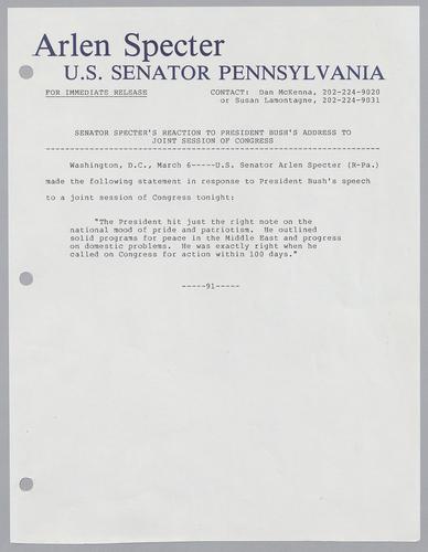 Senator Specter's reaction to President Bush's address to joint session of Congress