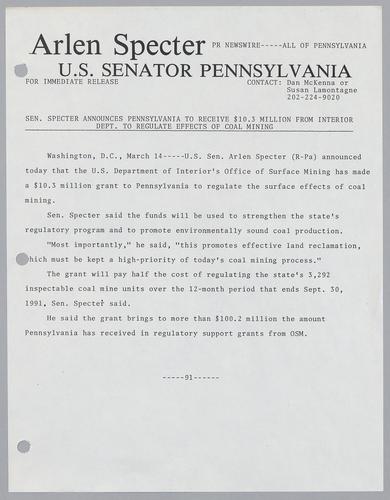 Senator Specter announces Pennsylvania to receive $10.3 million from Interior Department to regulate effects of coal mining