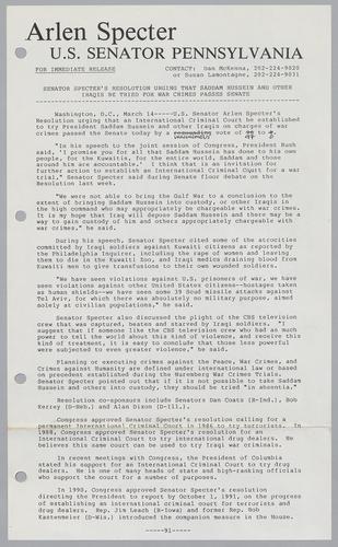 Senator Specter's resolution urging that Saddam Hussein and other Iraqis be tried for war crimes passes Senate