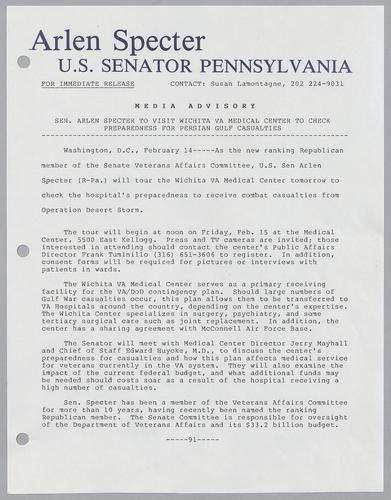 Senator Arlen Specter to visit Wichita VA medical center to check preparedness for Persian Gulf casualties