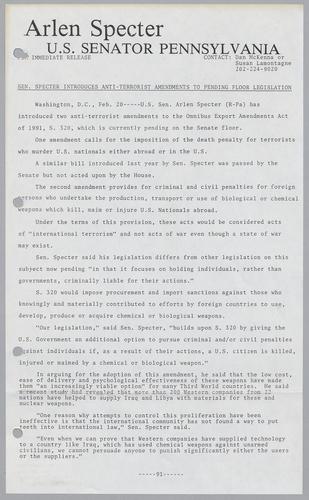 Senator Specter introduces anti-terrorist amendments to pending floor legislation