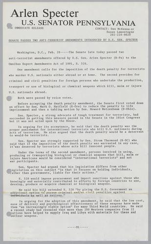 Senate passes two anti-terrorist amendments introduced by U.S. Senator Specter