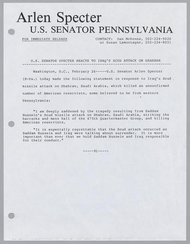 U.S. Senator Specter reacts to Iraq's Scud attack on Dhahran