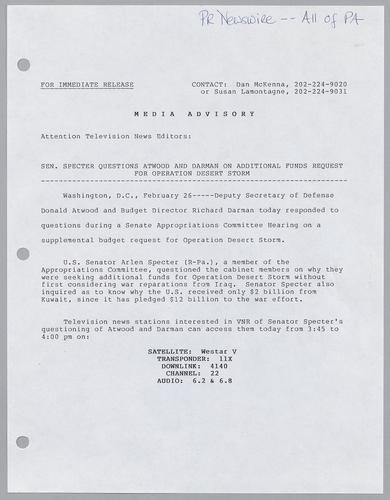 Senator Specter questions Atwood and Darman on additional funds request for Operation Desert Storm