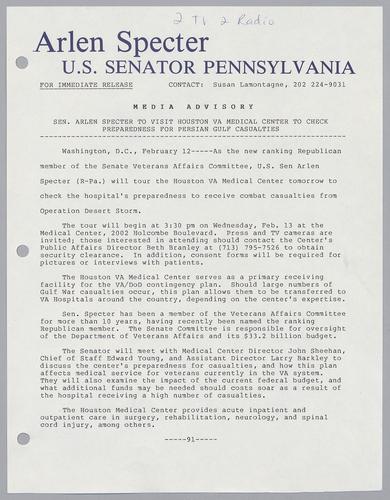 Senator Arlen Specter to visit Houston VA medical center to check preparedness for Persian Gulf casualties