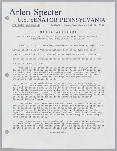 Senator Arlen Specter to visit Dallas VA medical center to check preparedness for Persian Gulf casualties