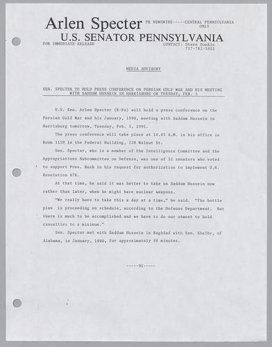 Senator Specter to hold press conference on Persian Gulf War and his meeting with Saddam Hussein in Harrisburg on Tuesday, February 5