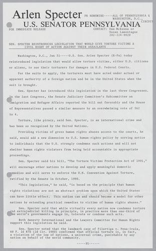 Senator Specter reintroduces legislation that would give torture victims civil right of action against their assailants