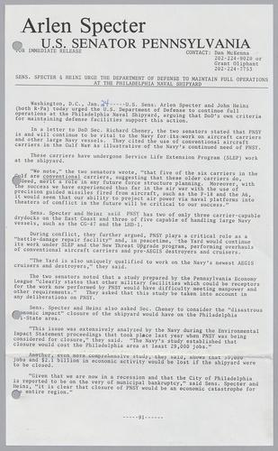 Senators Specter and Heinz urge the Department of Defense to maintain full operations at the Philadelphia Naval Shipyard
