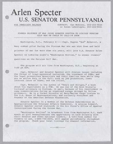 Former prisoner of war joins Senator Specter to discuss Persian Gulf War on cable TV call-in show