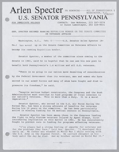 Senator Specter becomes ranking Republican member on the Senate Committee on Veterans Affairs