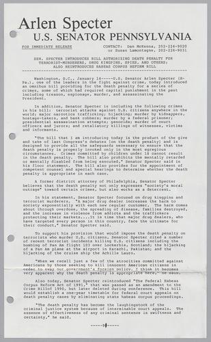 Senator Specter introduces a bill authorizing death penalty for terrorist-murderers, drug kingpins, spies, and others; also reintroduces habeas corpus in reform bill