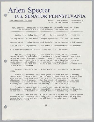 Senator Specter introduces legislation to reinstate cost-of-living adjustment for disabled veterans and their families