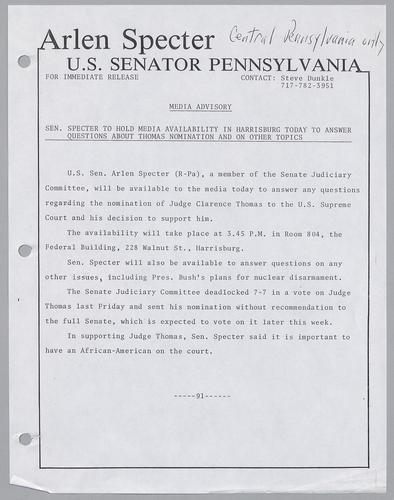 Senator Specter will hold media availability in Harrisburg today to answer questions about Thomas nomination and on other topics