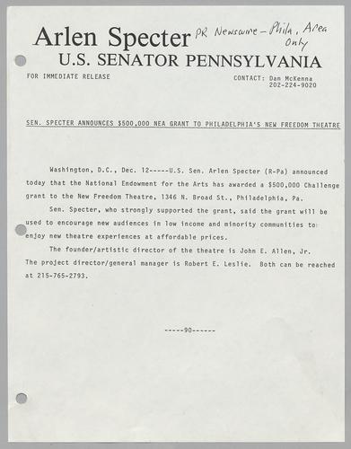 Senator Specter announces $500,000 NEA grant to Philadelphia's New Freedom Theatre