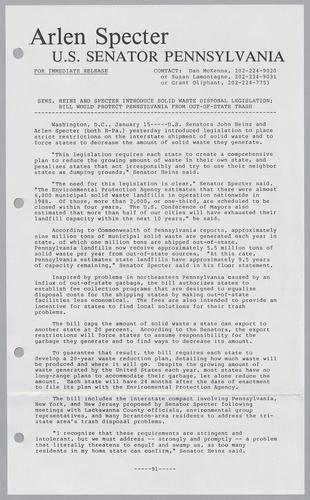 Senators Heinz and Specter introduce solid waste disposal legislation; bill would protect Pennsylvania from out-of-state trash