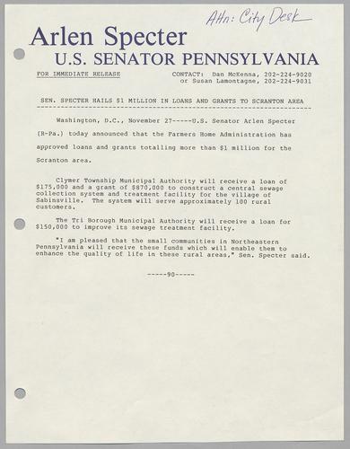 Senator Specter hails $1 million in loans and grants to Scranton area