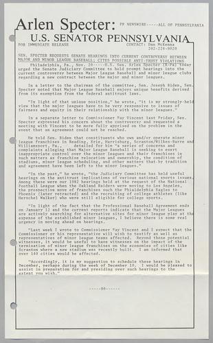 Senator Specter requests Senate hearings into current controversy between Major and Minor League Baseball; cites possible anti-trust violations