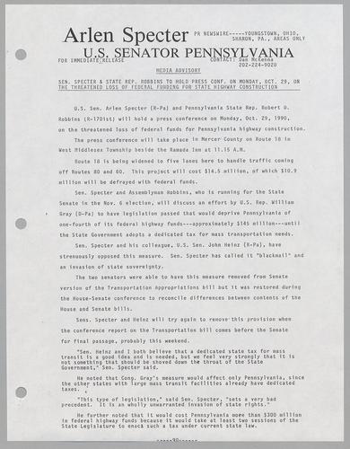 Senator Specter and State Representative Robbins to hold press conference on Monday, October 29, on the threatened loss of federal funding for state highway construction