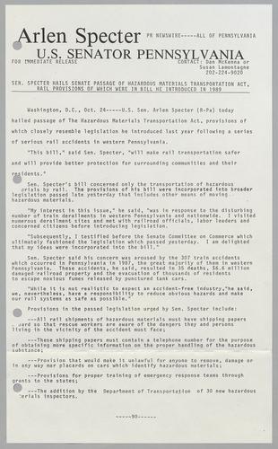 Senator Specter hails Senate Passage of Hazardous Materials Transportation Act, rail provisions of which were in bill in introduced in 1989