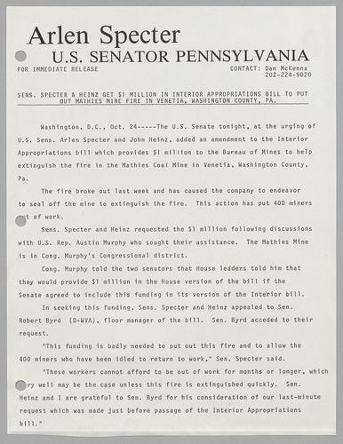 Senators Specter and Heinz get $1 million in Interior Appropriations Bill to put out Mathies mine fire in Venetia, Washington County, PA