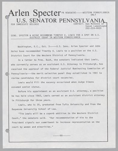 Senators Specter and Heinz recommend Timothy K. Lewis for a spot on U.S. District Court in Western Pennsylvania