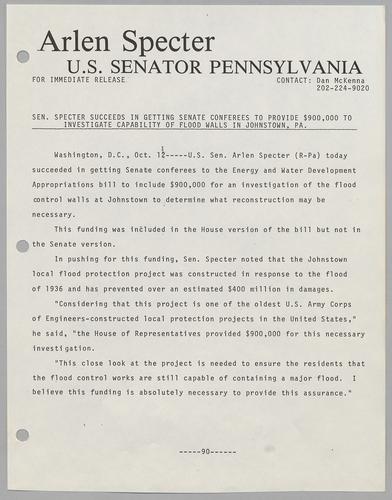 Senator Specter succeeds in getting Senate conferees to provide $900,000 to investigate capability of flood walls in Johnstown, PA