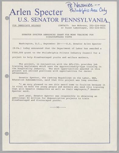 Senator Specter announces grant for work training for disadvantaged youth