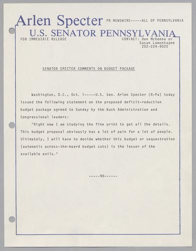 Senator Specter comments on budget package