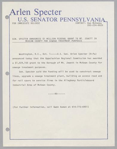 Senator Specter announces $1 million federal grant to Mt. Jewett in McKean County for sewage treatment purposes