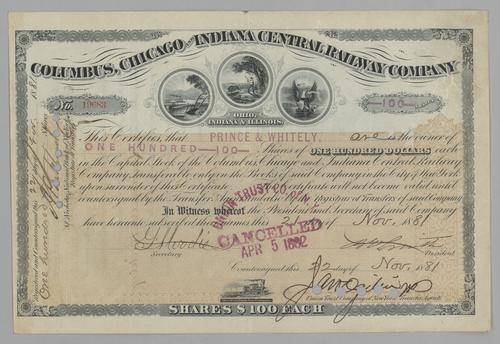 Columbus, Chicago and Indiana Central Railway Company Stock Certificate