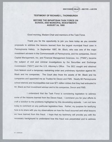 Testimony: Before the Bipartisan Task Force on School and Municipal Investments [Discussion Draft]