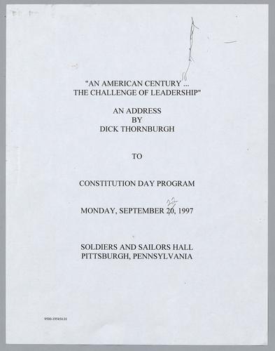 "An American Century...The Challenge of Leadership", Constitution Day Program, Soldiers and Sailors Hall