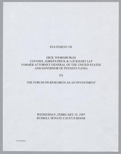 Statement to the Forum on Research as an Investment, Russell Senate Caucus Room