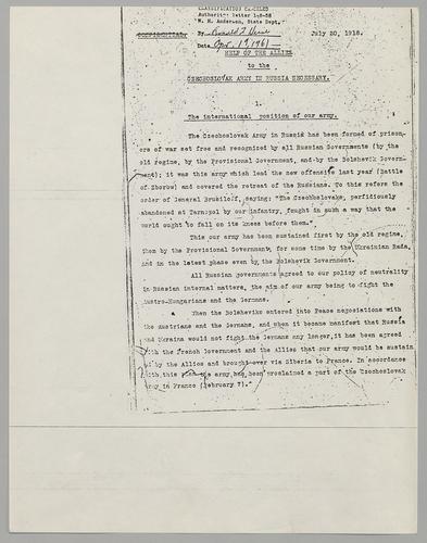 Confidential Memorandum: "Help of the Allies to the Czechoslovak Army in Russia Necessary"