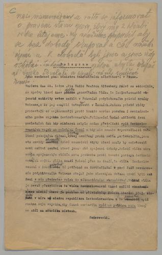 Transcript of Telegram from Mr. Paderewski with Draft of Masaryk’s Response
