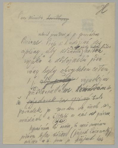 Draft of Letter to Defense Minister Klofac regarding Military Matters in Italy