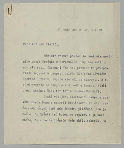 Letter to Defense Minister Klofac regarding Military Matters in Rusinia